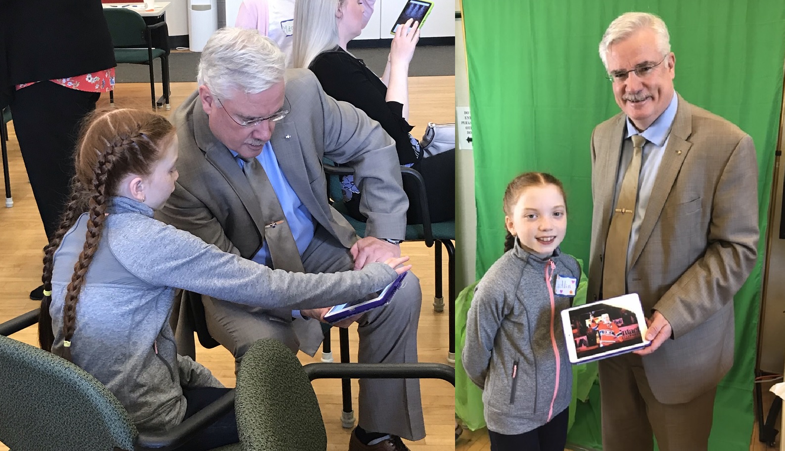 Beachy Cove Elementary student-expert Caitlin helps Director Stack learn new skills using green screen technology.