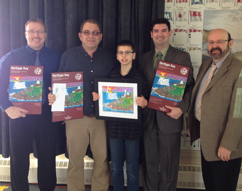 From left to right - Darryl Feener (SEO, NLESD), Mike Torraville (Teacher, Beaconsfield Junior High), Joshua Mack (Overall Winner, Beaconsfield Junior High, Grade 9), the Honourable Christopher Mitchelmore (Minister of Business, Tourism, Culture and Rural Development), Frank Crews (Chair - Heritage Foundation of Newfoundland and Labrador)