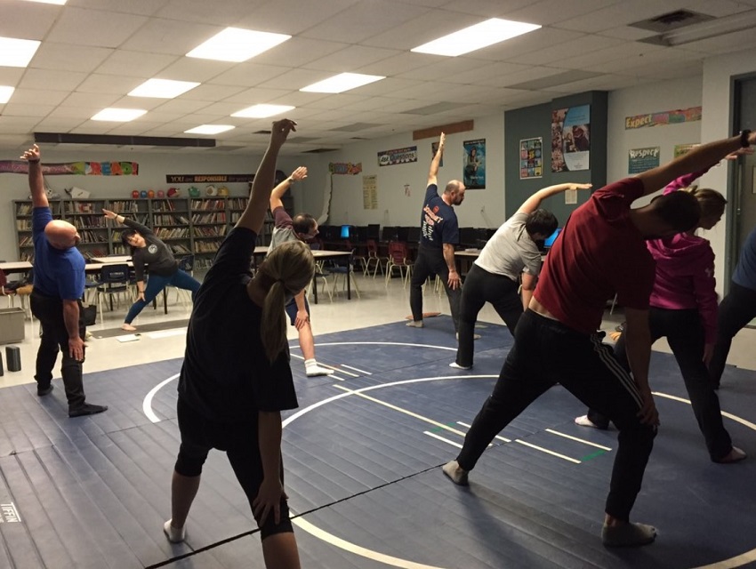 After school staff yoga at Marystown Central High (photo credit: @mchs_nl Twitter feed)
