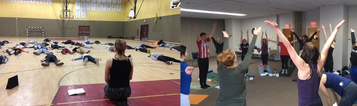 Junior high students learn relaxation techniques (L) and Labrador teachers practising yoga (R)