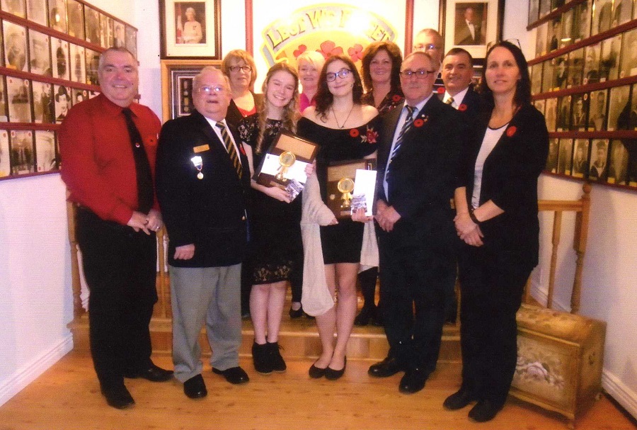 FRONT ROW (L to R): Mr. R. Bishop, Mr. Ern Abbott (president Branch 9),  Brooklyn Smith (winner of Gary Churchill Memorial Scholarship), Rees Barrett (Runner up), Mr. Rev. Churchill (sponsor of Gary Churchill Memorial Scholarship), Mrs. Cathy Downey. BACK ROW: Mrs. Shelley Drover, Mrs. Mary Hutchings, Mrs Marion Sheppard, Mr. Lewis Dawe, Mr. Paul Sheppard (Teacher Sponsor)