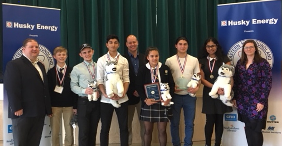 (L-R) Jamie Parsons (ENSFC Co-chair), Henley Mullins, Mitchell Hynes, Aaron Sarkar, Jim Piercey (Husky Energy), Chris Peacock, Oishi Hawlader, Erin Baker (ENSFC Co-chair)