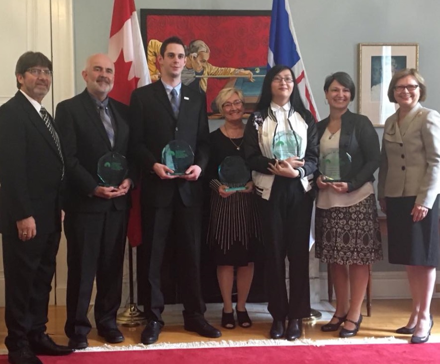 (L to R: His Honour Harold Foote, James Butler accepting for wife Gail Butler; Kieran Roach; Paula Luby-Coughlan, Volunteer of the Year; Justine Yick; Judy Benson; Lieutenant Governor Judy Foote)