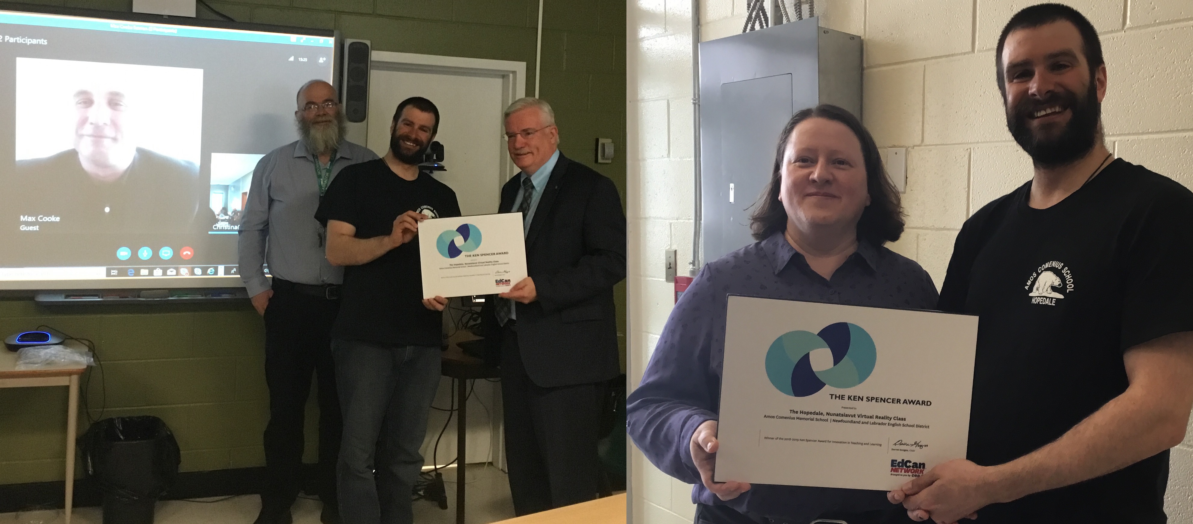 Left Photo: (from l to r) EdCan's Max Cooke (on screen), ACMS Principal Dean Coombs, ACMS teacher Curtis Oliver, District Director of Education Tony Stack. Right photo: District E-Learning Facilitator Andrea Neville with Mr. Oliver 
