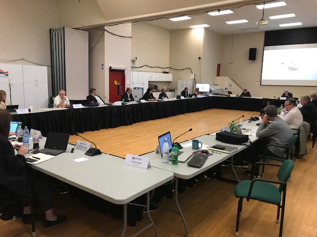 Trustees gather at District Conference Centre to discuss the start of the 2020-21 school year (Photo credit: District/cag)